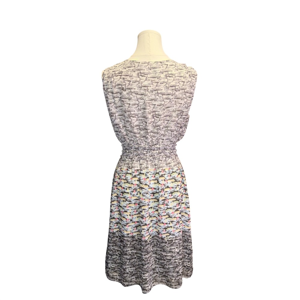 Nautical Sailboat Print V-Neck Smocked Waist Midi Dress Black White 3912Y6D - Picture 2 of 7